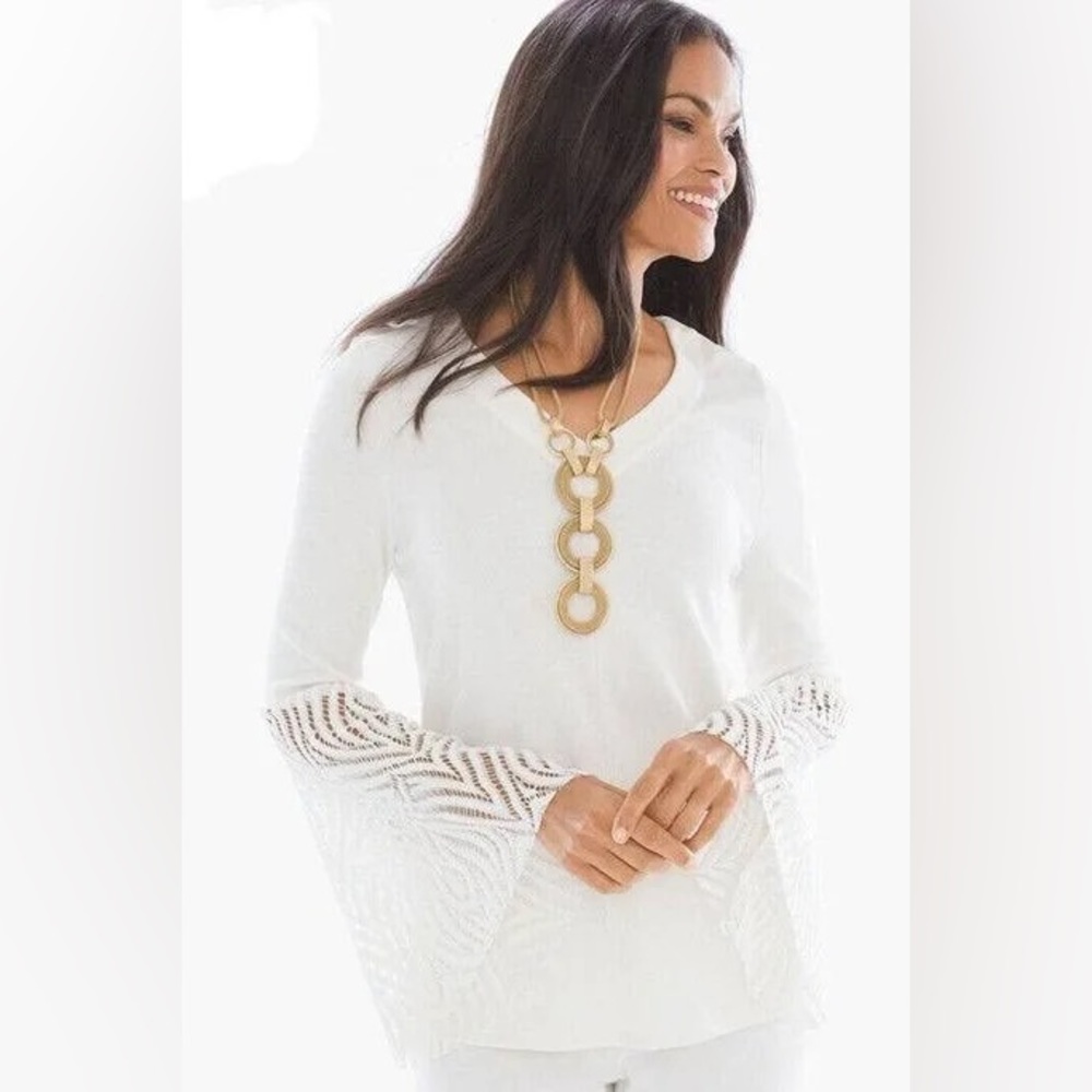 Chico’s White Ecru Lace Flare Bell Sleeve Knit Blouse Top Shirt